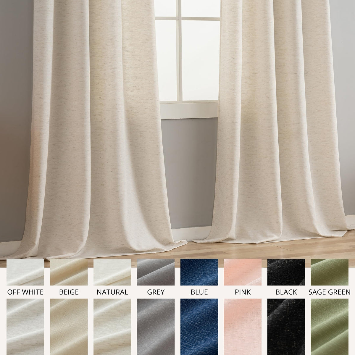Natural Linen Curtains 90 Inches Long 2 Panels Black Grommets Y48437