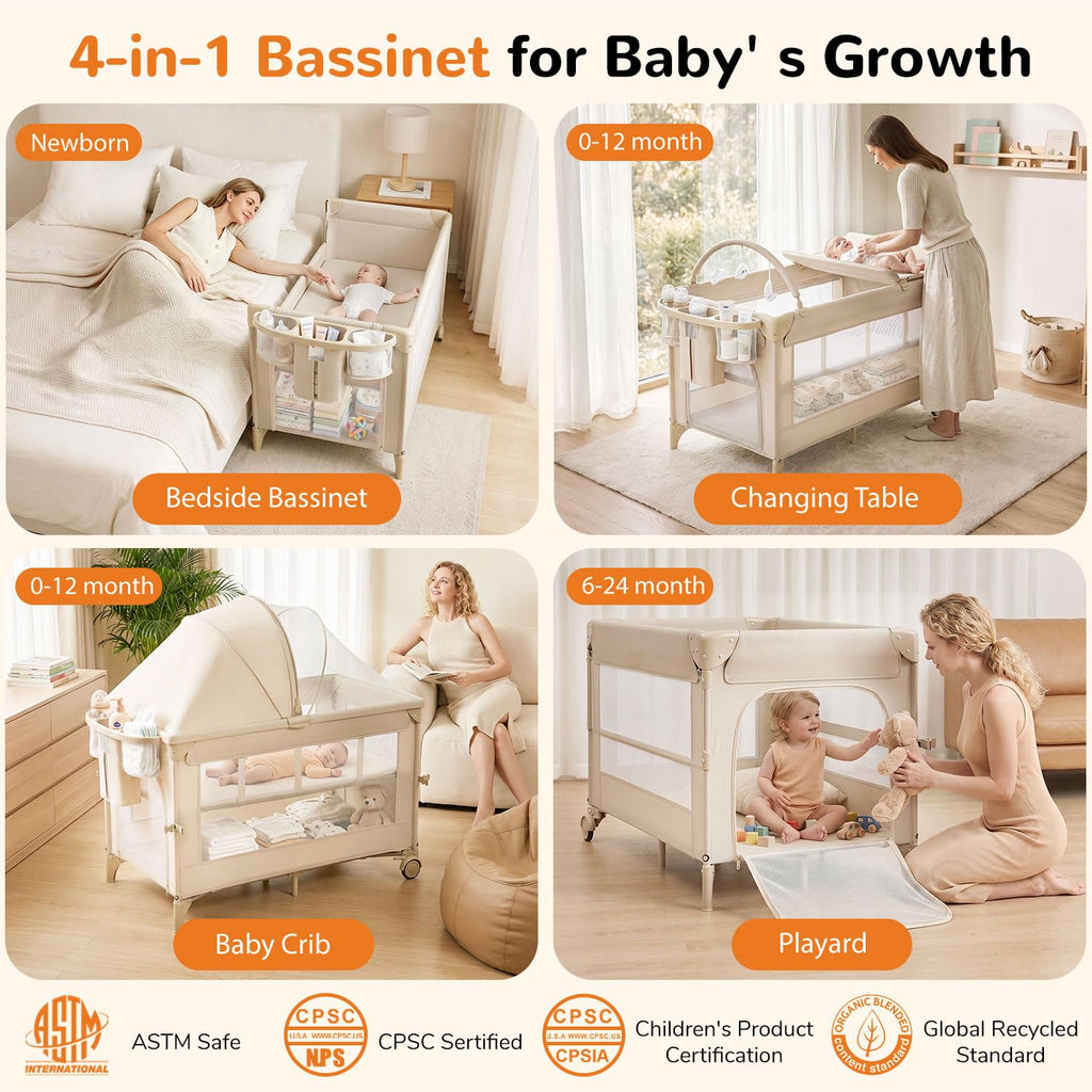 4 in 1 Foldable Pack and Play with Bassinet and Changing Table, Beige Z978712