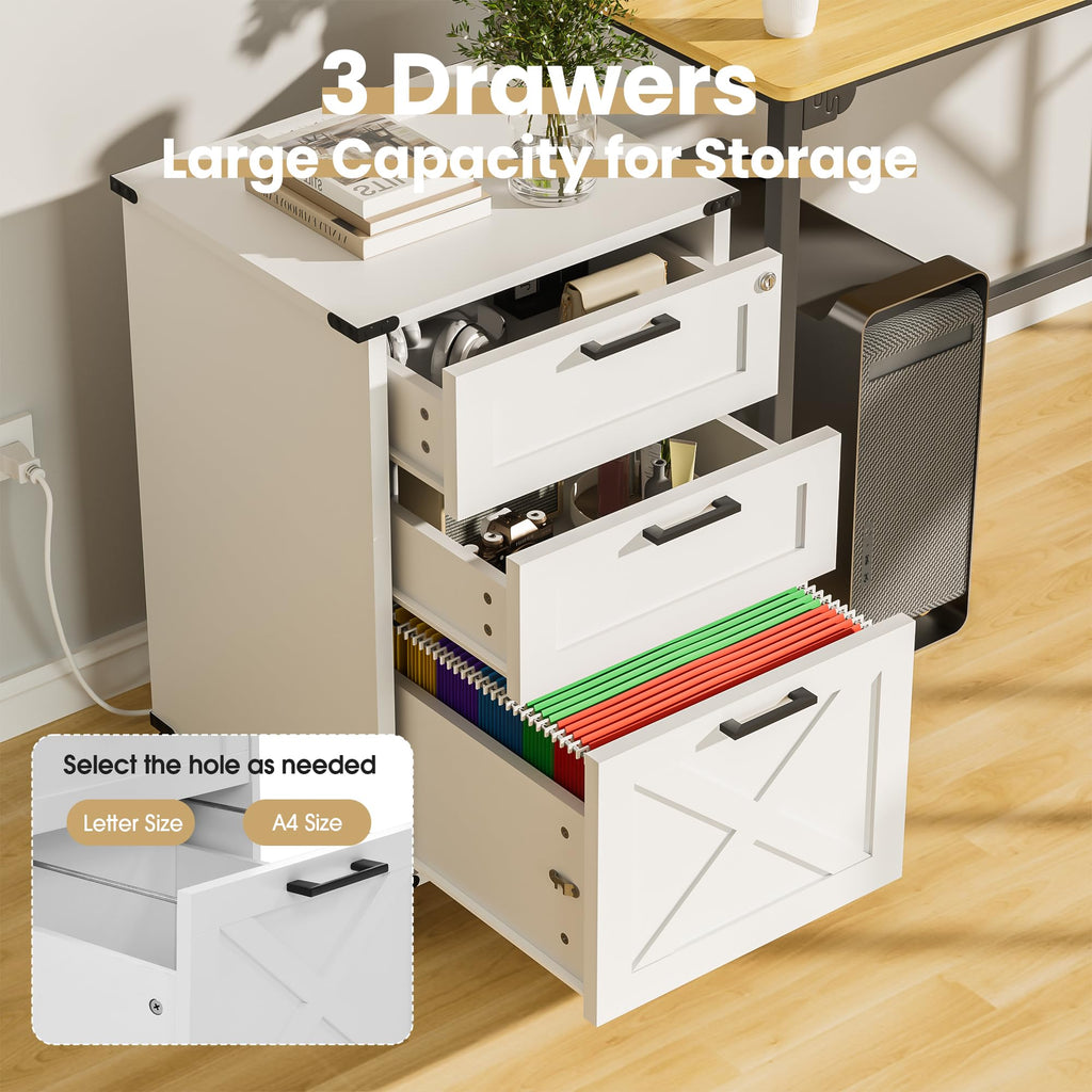 Small Wood File Cabinet with Charging Station and Lock, 3 Drawers K463621