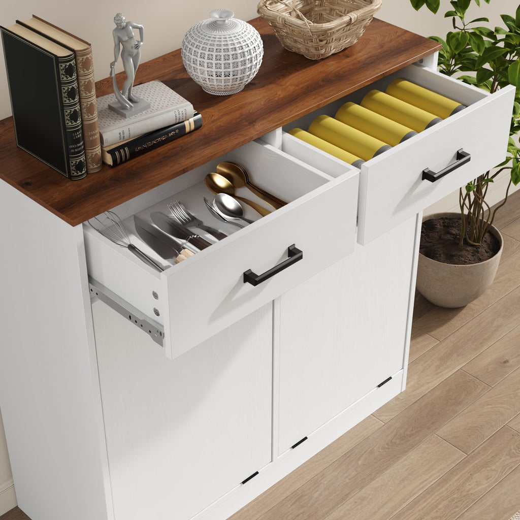 Antique White Double Tilt Out Trash Can Cabinet with 2 Drawers J963732