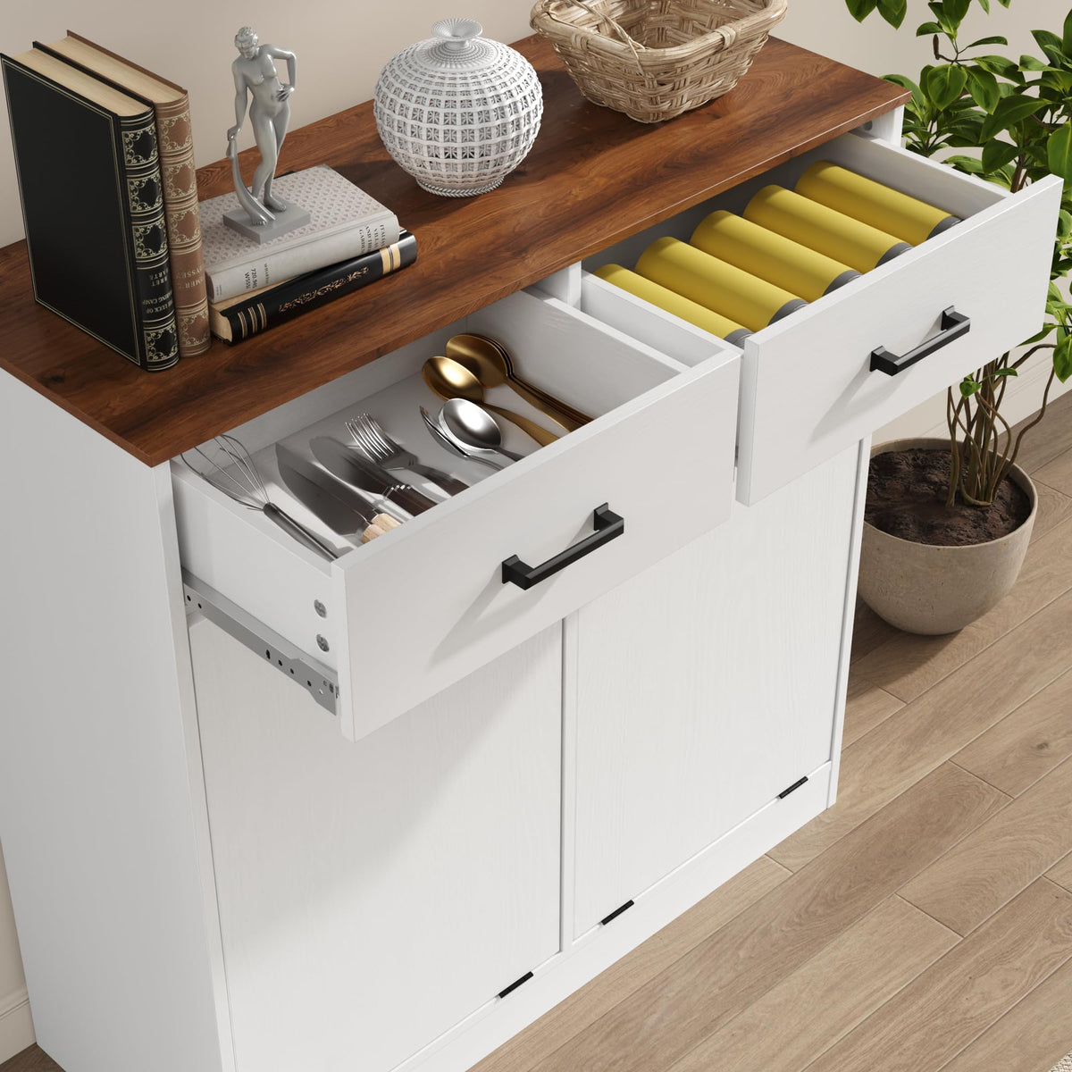 Antique White Double Tilt Out Trash Can Cabinet with 2 Drawers J963732