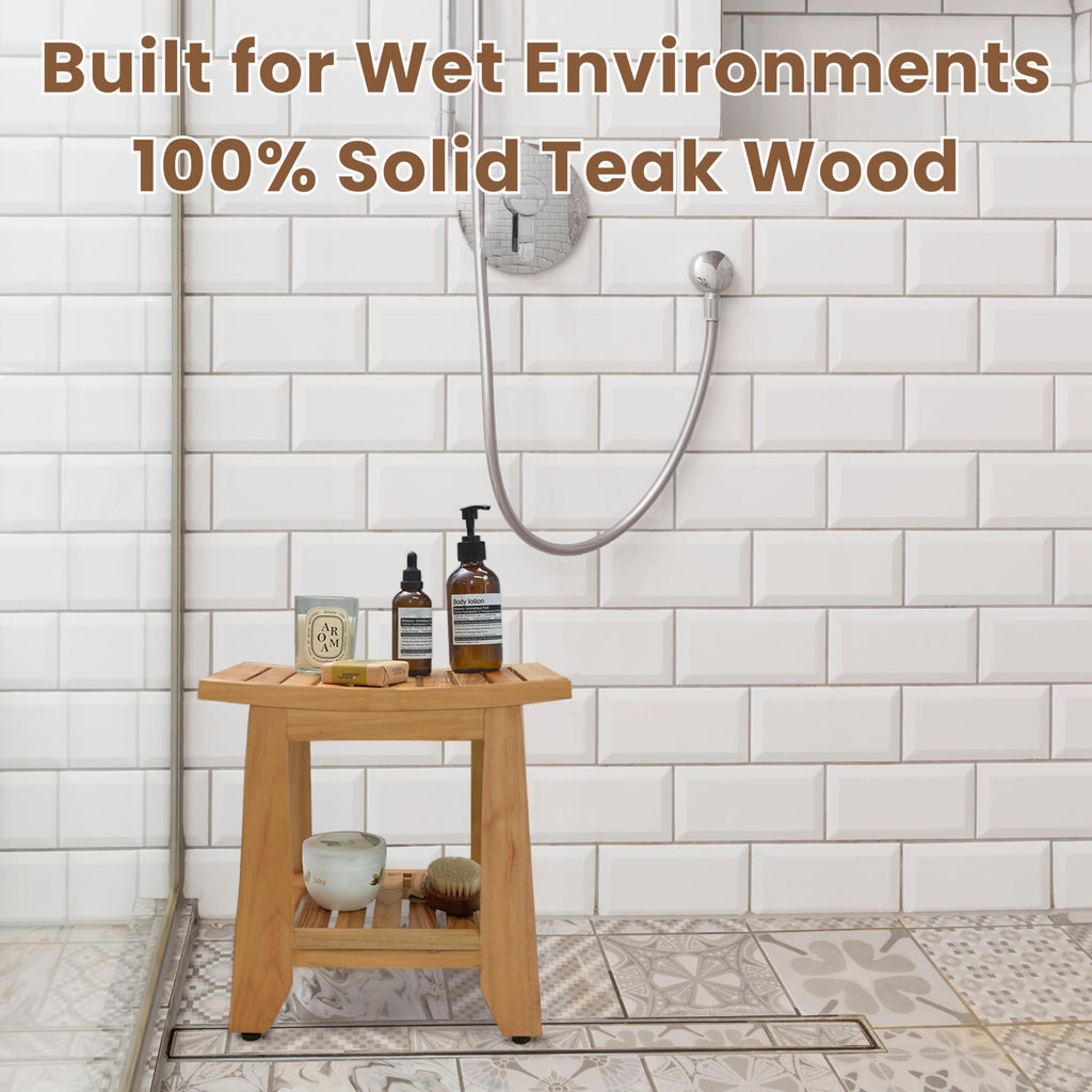 14'' Waterproof Teak Shower Bench with Storage Shelf J32846
