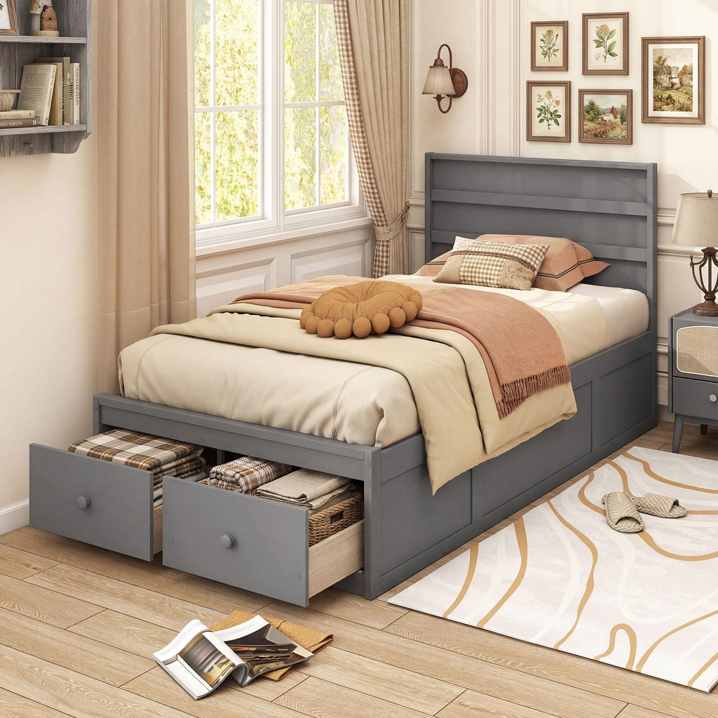 Grey Twin Wood Platform Bed with Storage Drawers S3214
