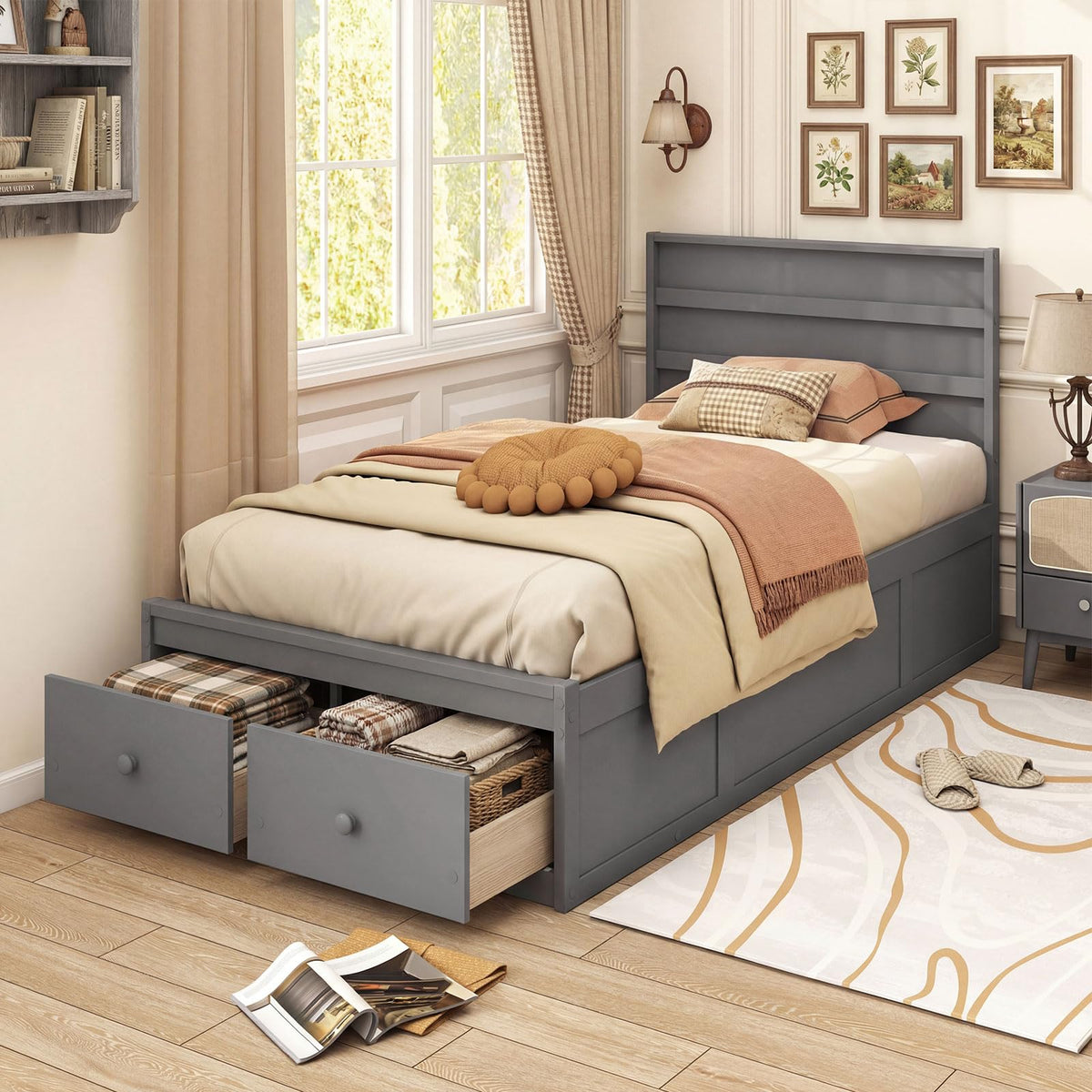 Grey Twin Wood Platform Bed with Storage Drawers S3214