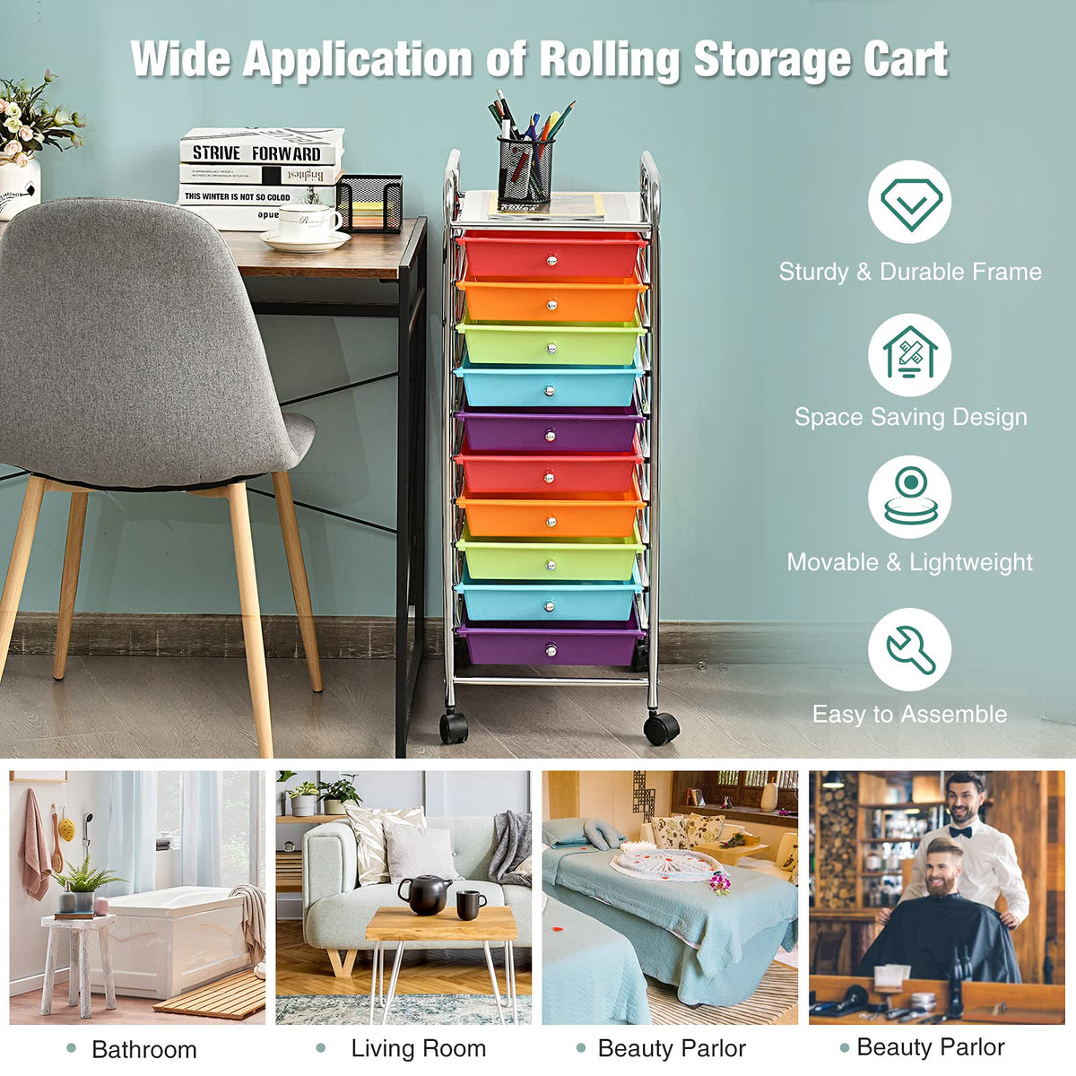 10 Drawer Multicolor Alloy Steel Storage Cart M89410