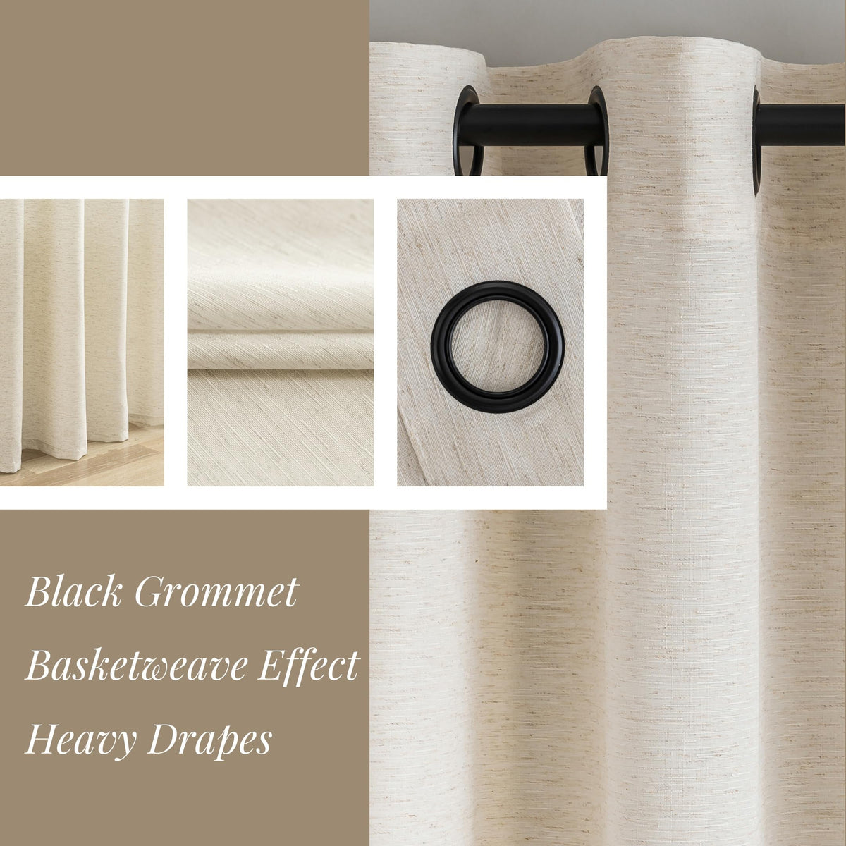 Natural Linen Curtains 90 Inches Long 2 Panels Black Grommets Y48437