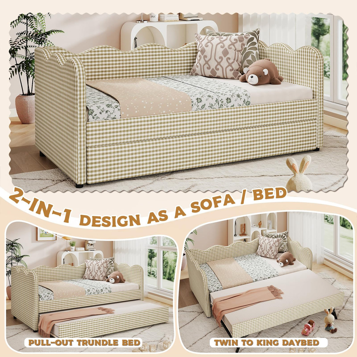 Twin Size Upholstered Gingham Daybed with Pop Up Trundle K716