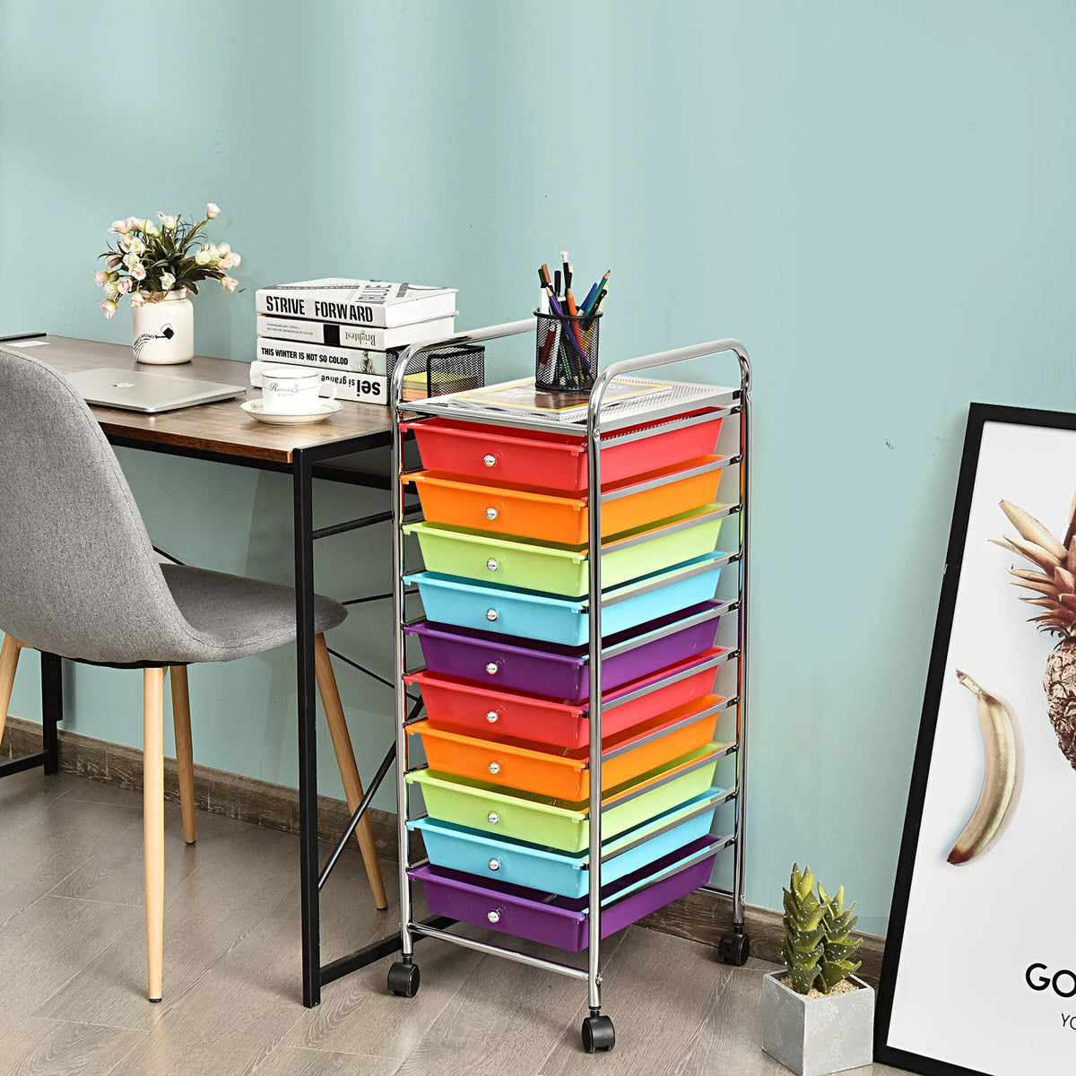 10 Drawer Multicolor Alloy Steel Storage Cart M89410