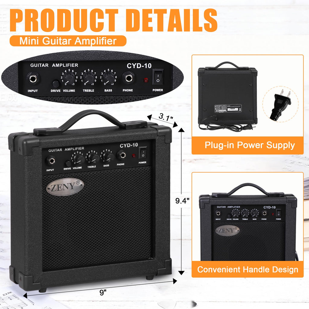 39in Full Size Electric Guitar with 10W Amp, Case and Accessories Pack, Black F869