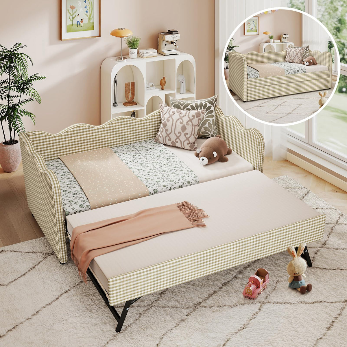 Twin Size Upholstered Gingham Daybed with Pop Up Trundle K716