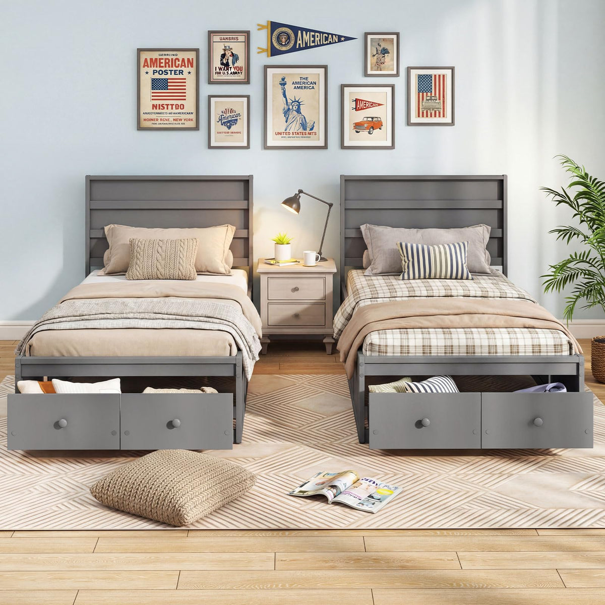 Grey Twin Wood Platform Bed with Storage Drawers S3214