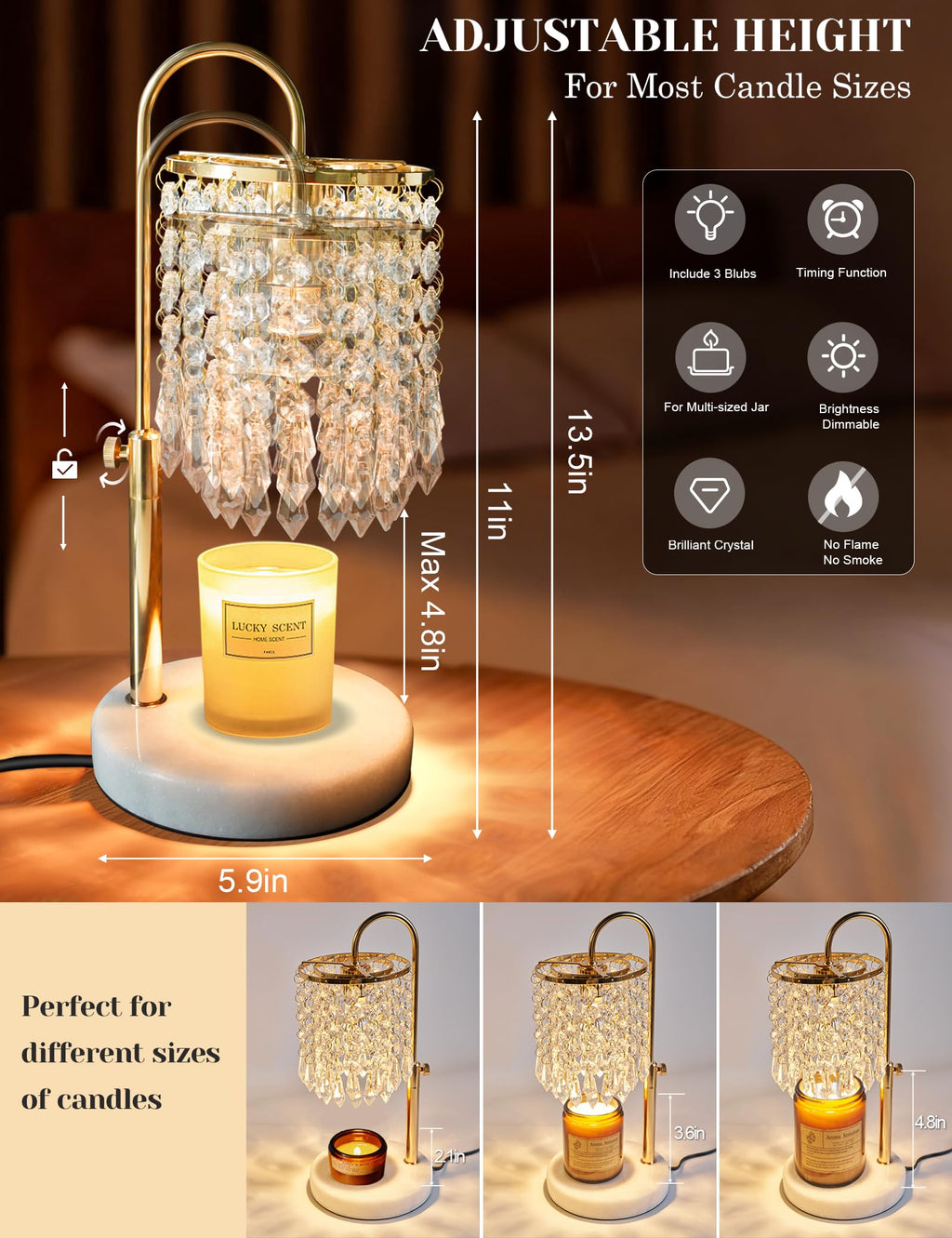Candle Warmer Lamp with Timer Dimmable Adjustable Height Gold H85662