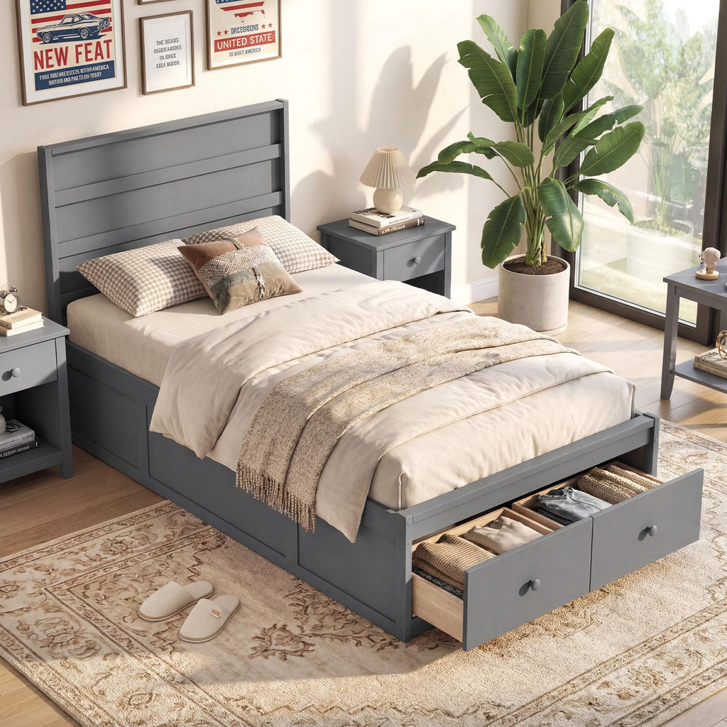 Grey Twin Wood Platform Bed with Storage Drawers S3214