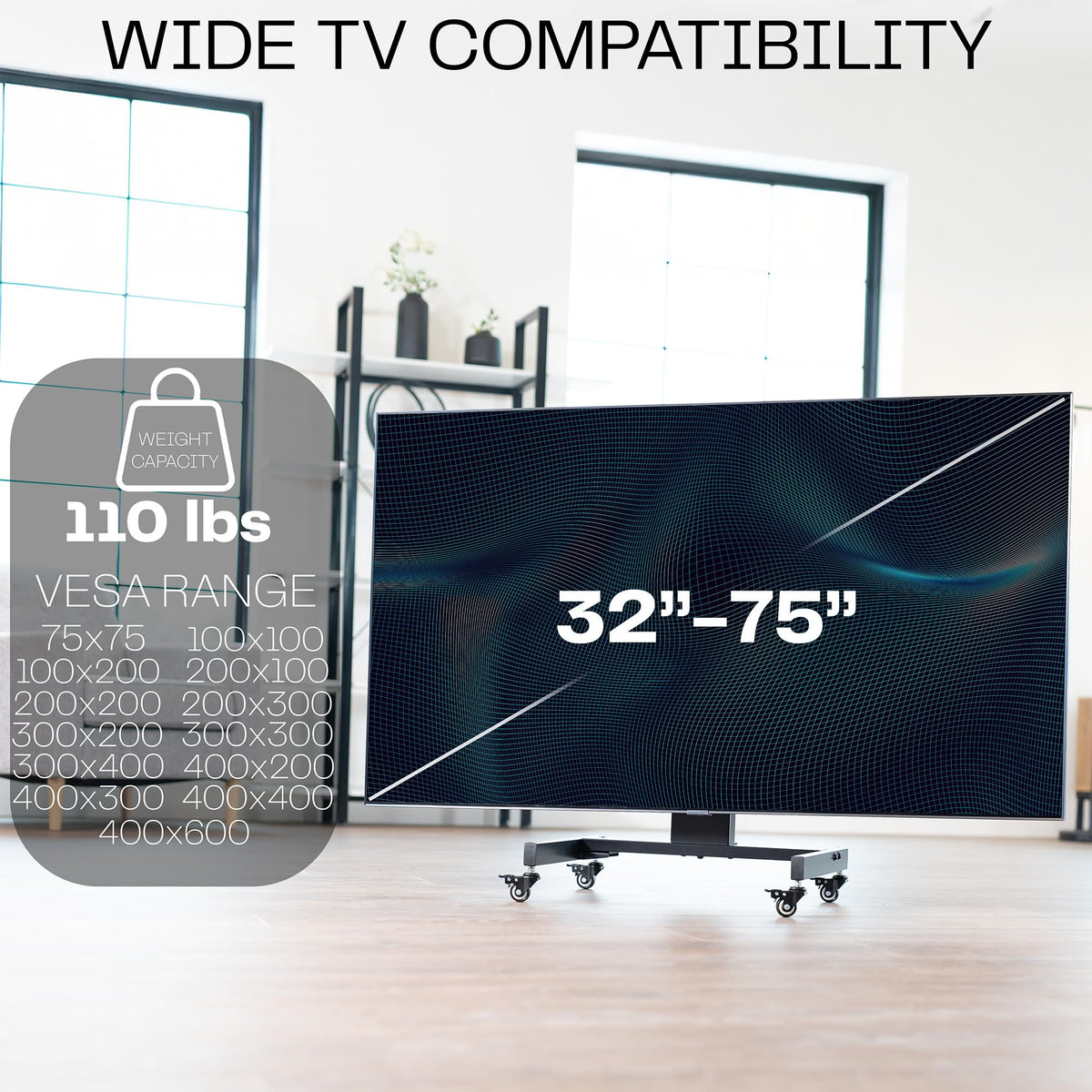 Low Height TV Cart for 32 to 75 inch Screens, Black Z8282