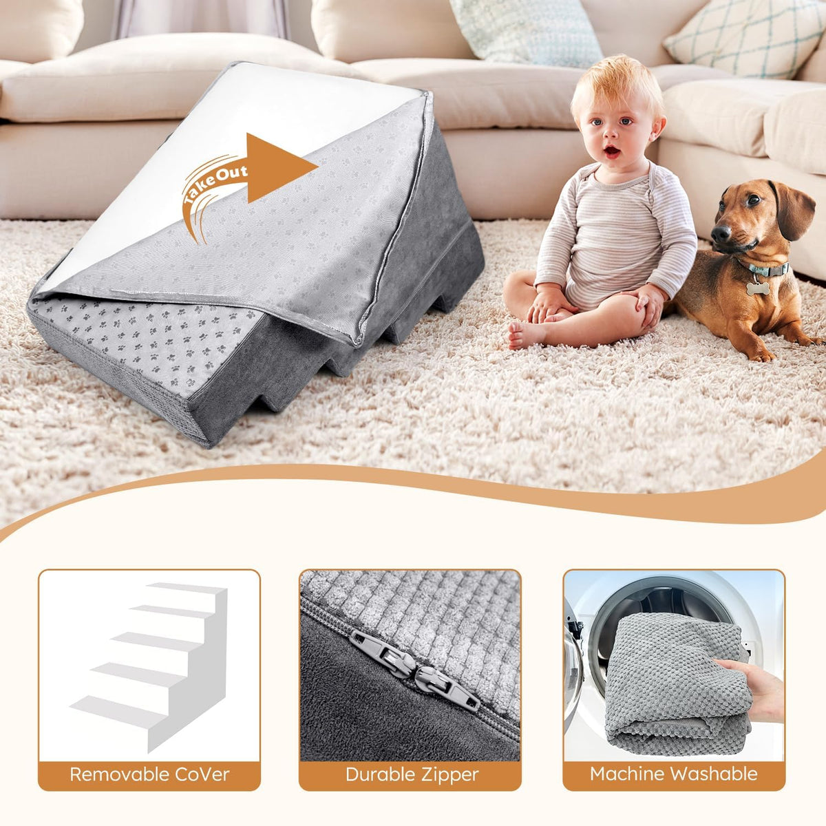 5-Step Grey Foam Dog Stairs G14010