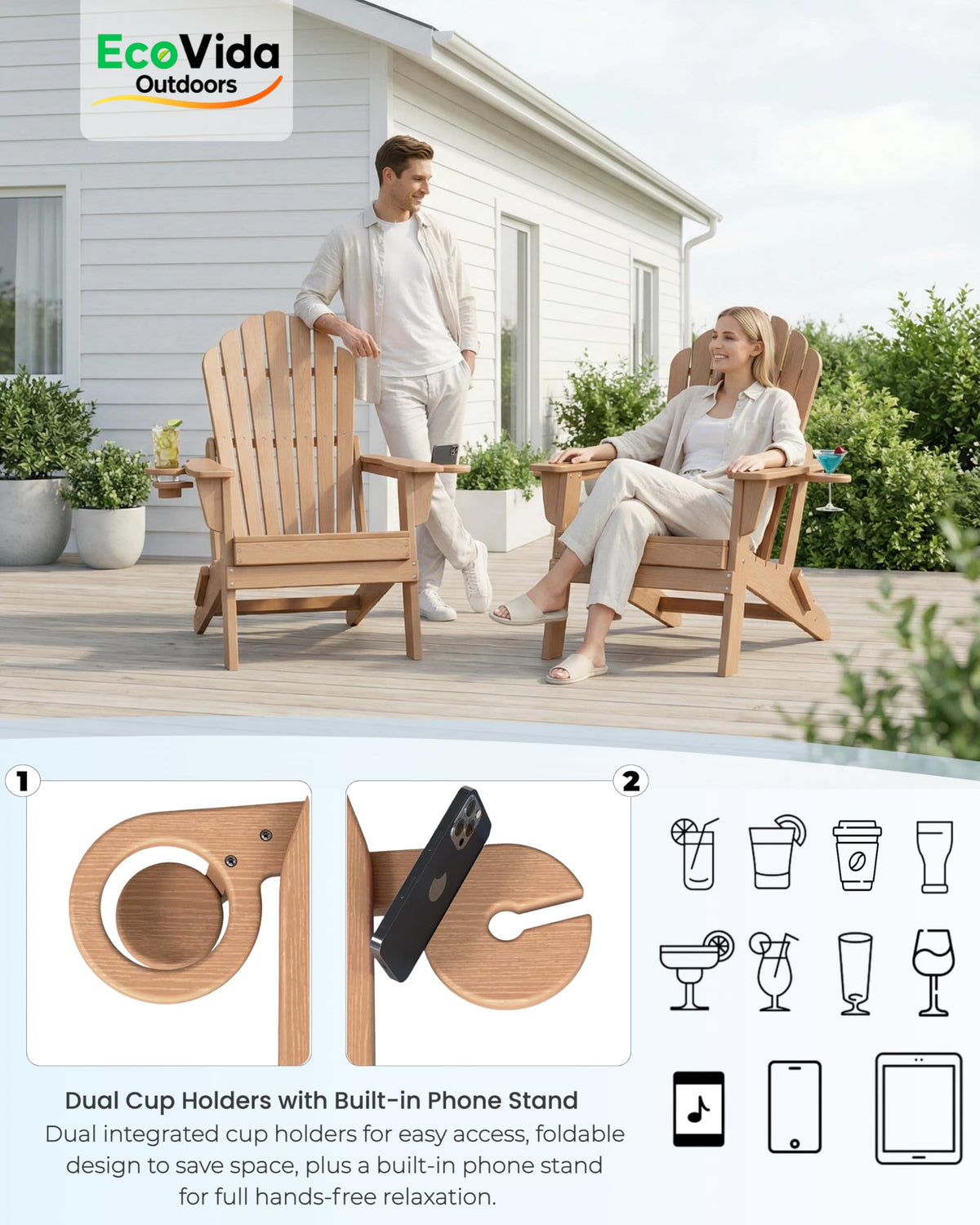 HDPE Adirondack Chair Set of 4 with Cup Holders W9188