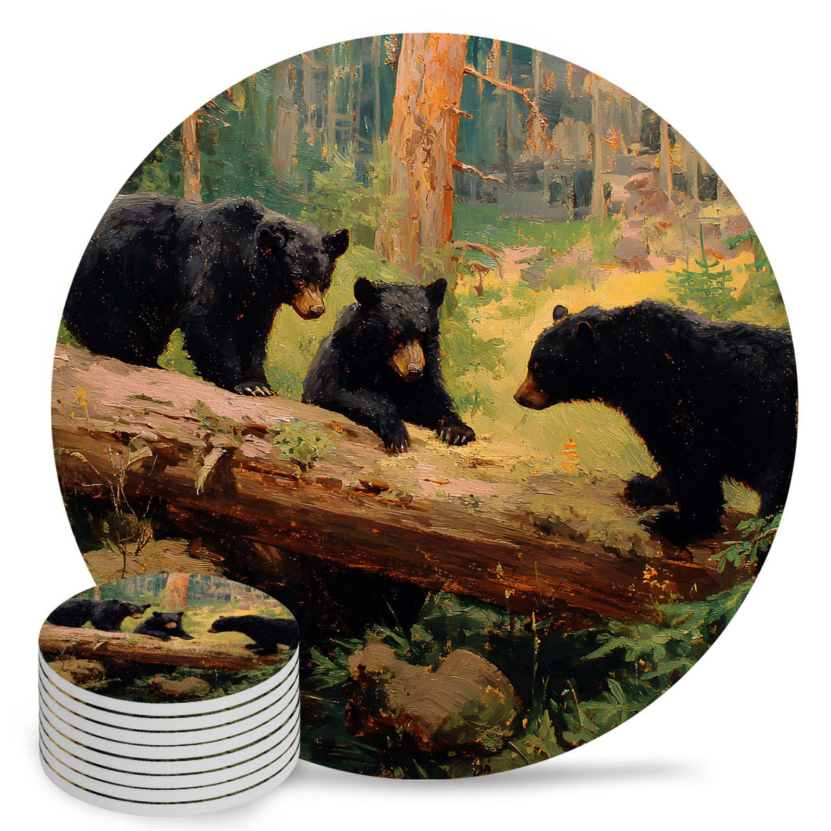 Set of 8 Rustic Black Bears Absorbent Ceramic Coaster with Cork Base H6256