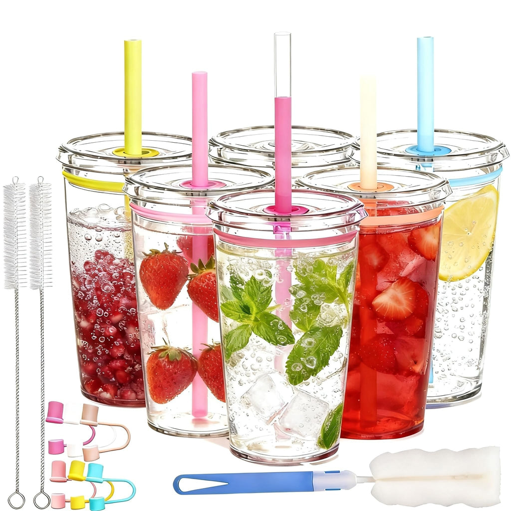16 oz Plastic Tumbler Cup with Lid and Straw, 6 Pack T8373
