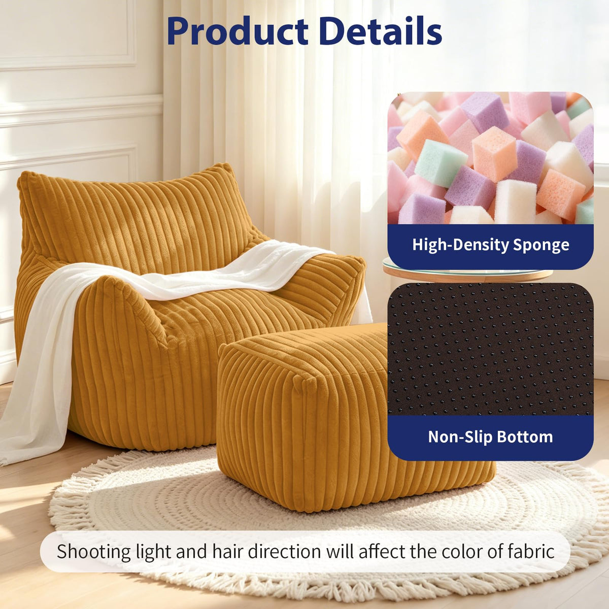 Large Yellow Bean Bag Chair with Footrest E83395