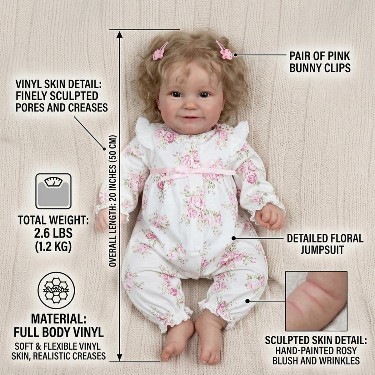 20 Inches Real Baby Size Curly Hair Full Body Vinyl Reborn Baby Doll H8841