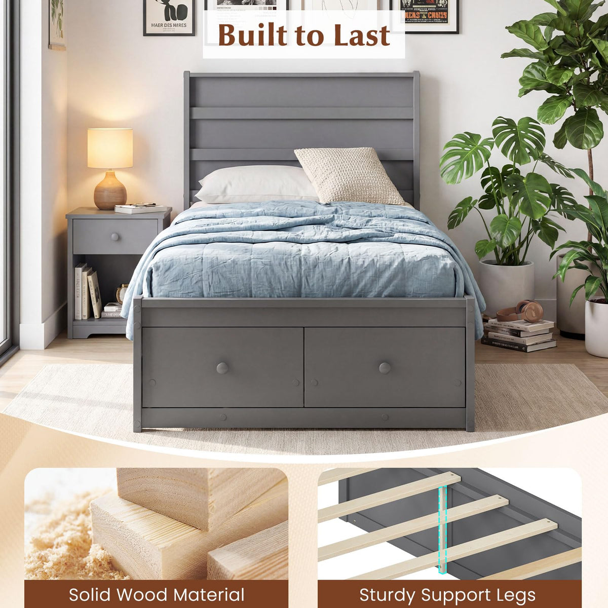 Grey Twin Wood Platform Bed with Storage Drawers S3214