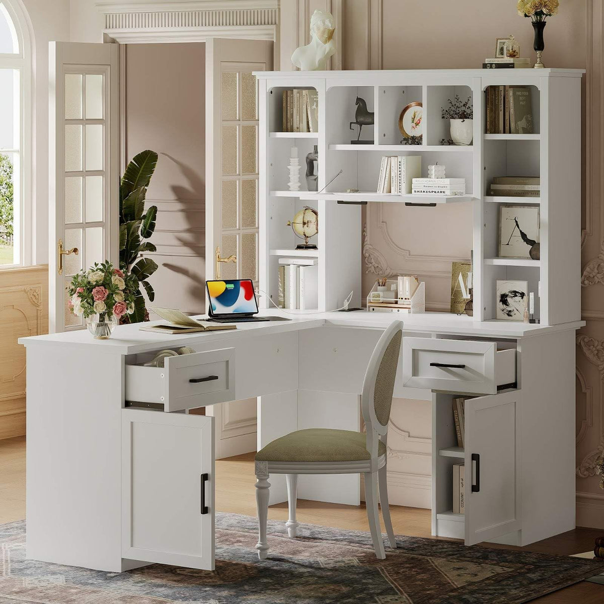 White L-Shaped Computer Desk with Hutch and Storage Q793