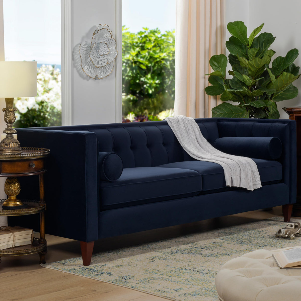 Dark Navy Blue Performance Velvet Tufted Sofa X625887