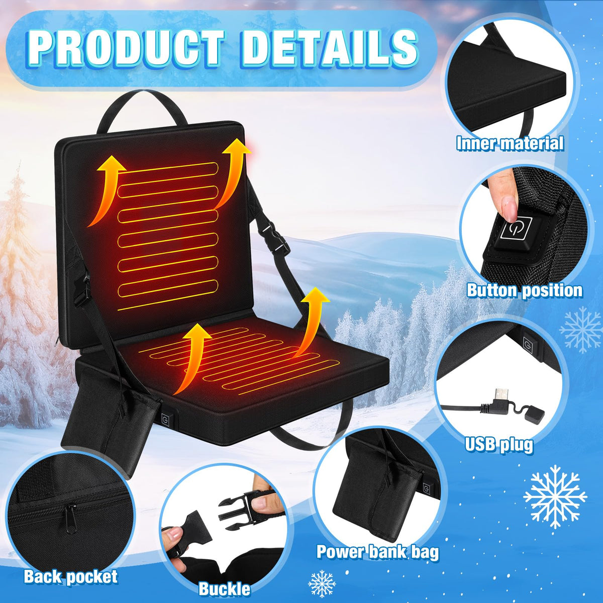 2 Pcs Portable Foldable Heated Seat Cushion USB Powered 3 Mode Adjustable Pad with Pocket V126