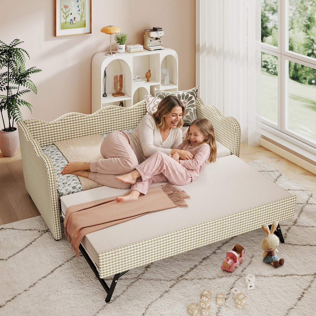 Twin Size Upholstered Gingham Daybed with Pop Up Trundle K716