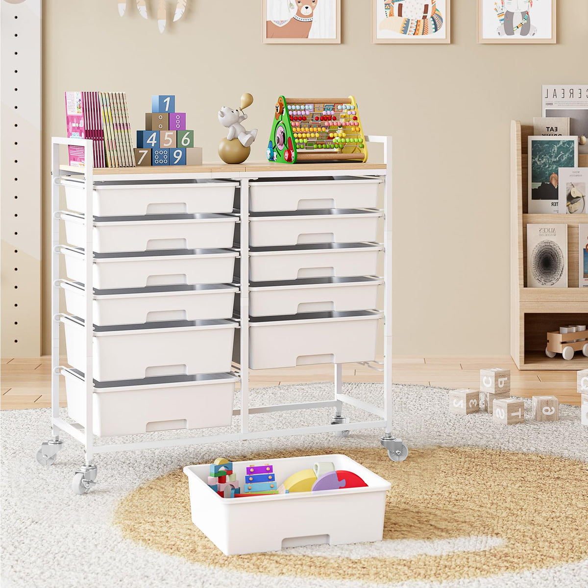 White 12 Drawers Rolling Storage Cart with Wooden Top J5039