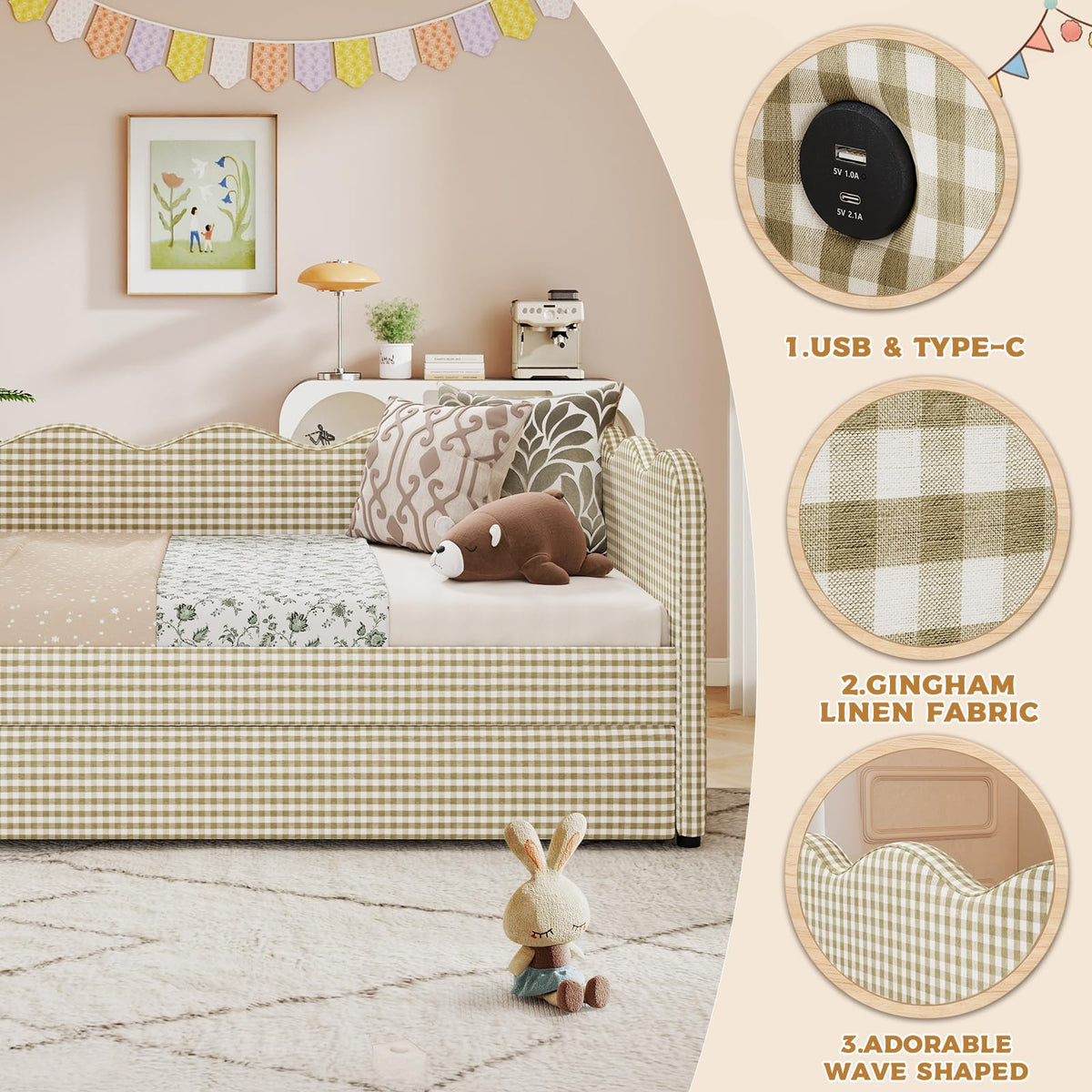 Twin Size Upholstered Gingham Daybed with Pop Up Trundle K716