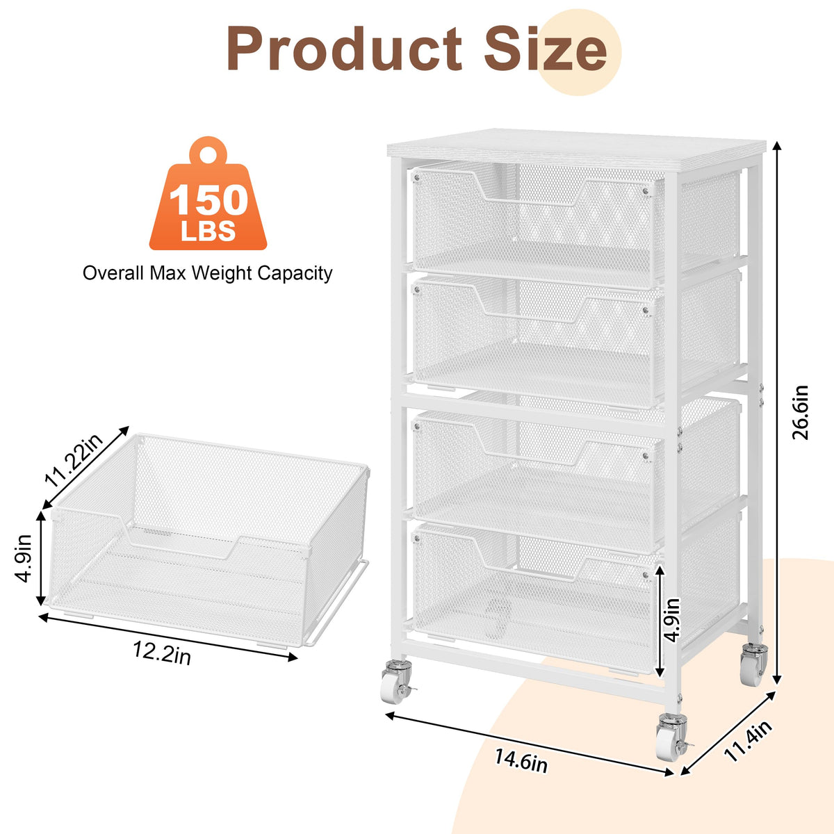 White 4 Drawer Rolling Storage Cart with Wooden Top A359