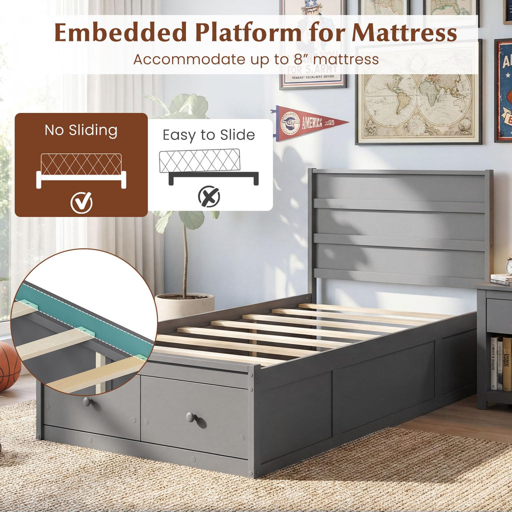 Grey Twin Wood Platform Bed with Storage Drawers S3214