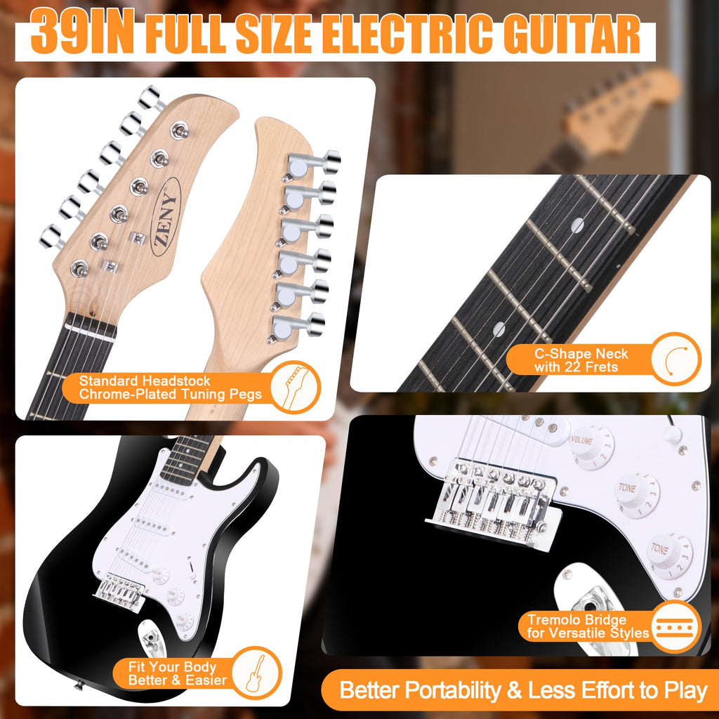 39in Full Size Electric Guitar with 10W Amp, Case and Accessories Pack, Black F869