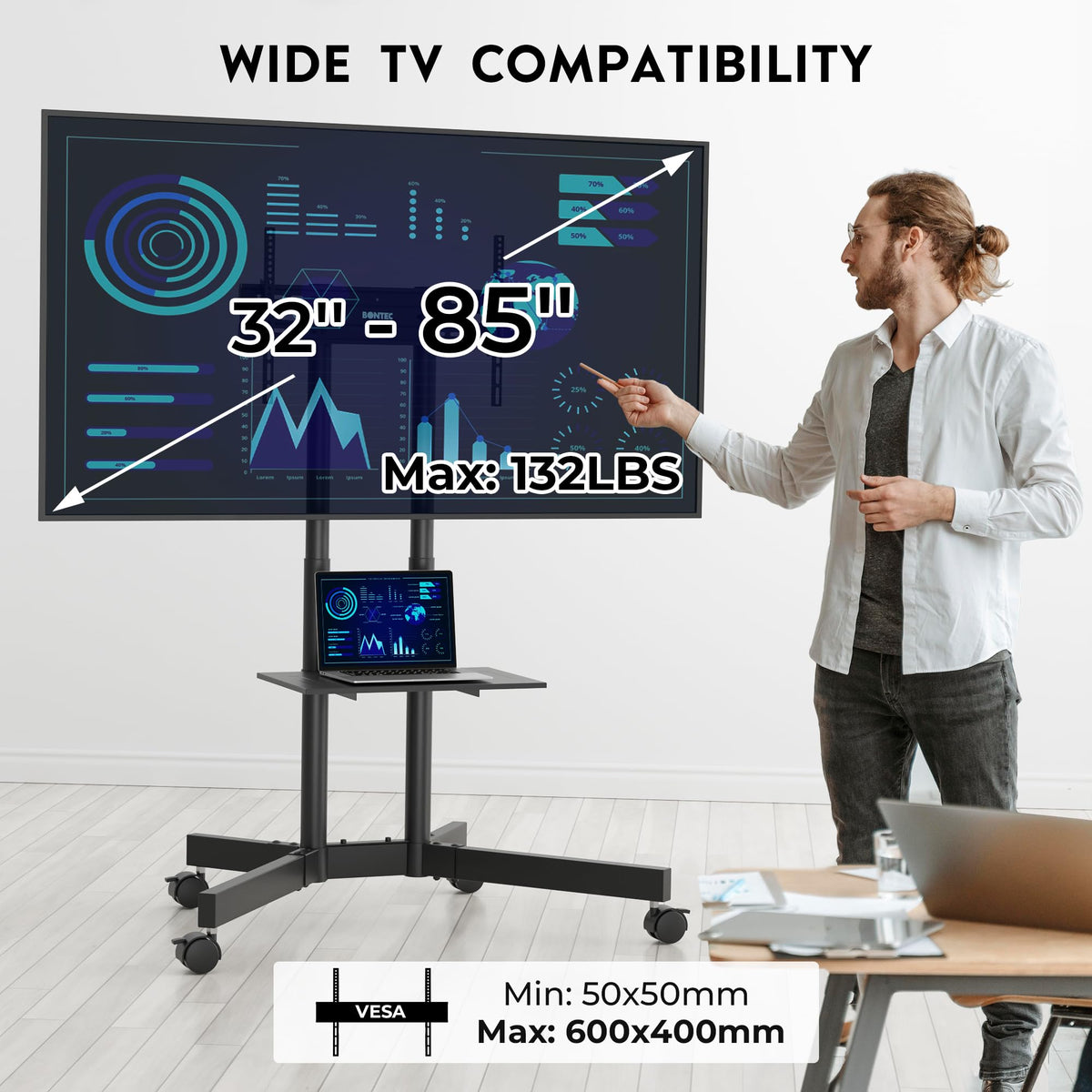 Rolling TV Stand with Tilt, Black S53501