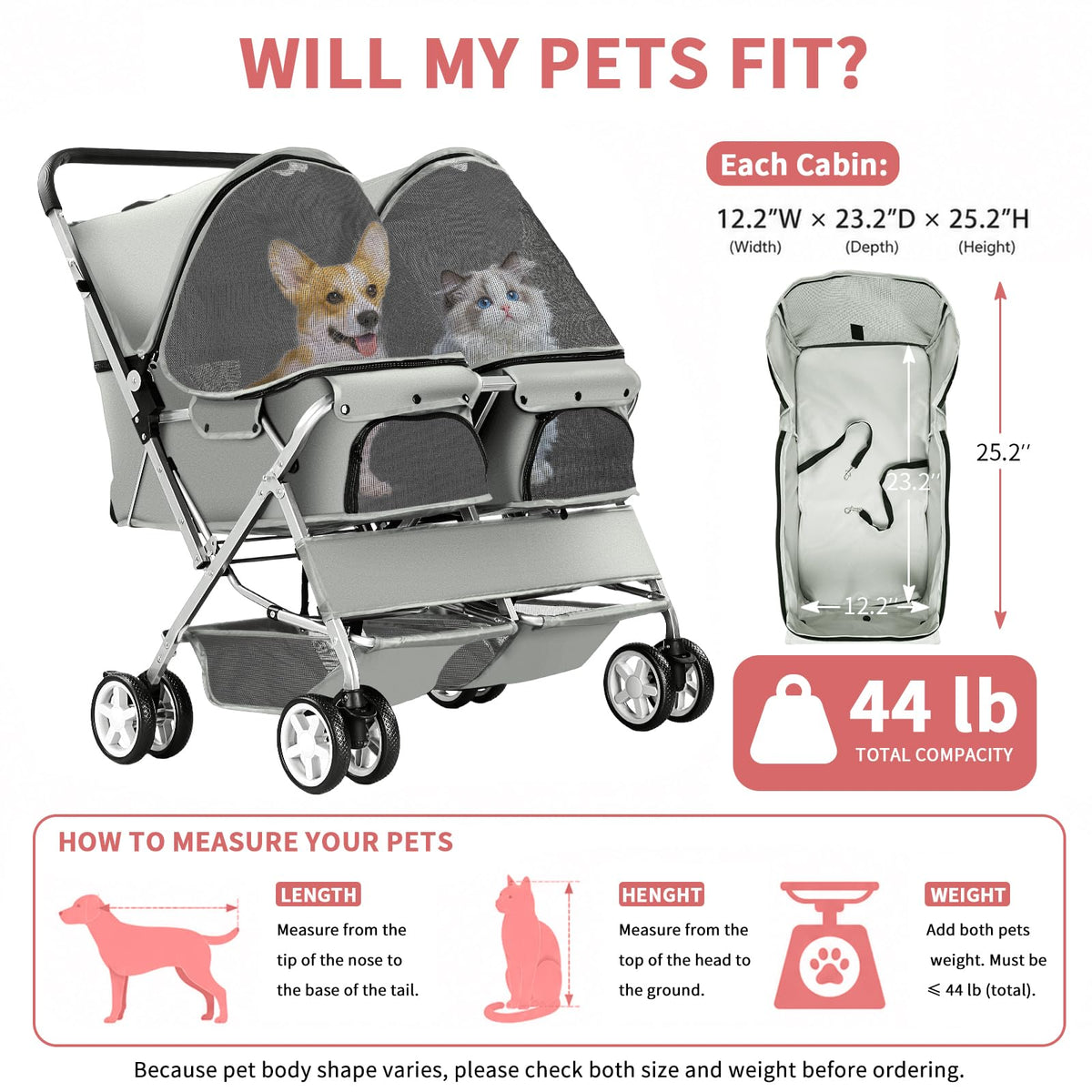 Gray Double Pet Stroller F2996