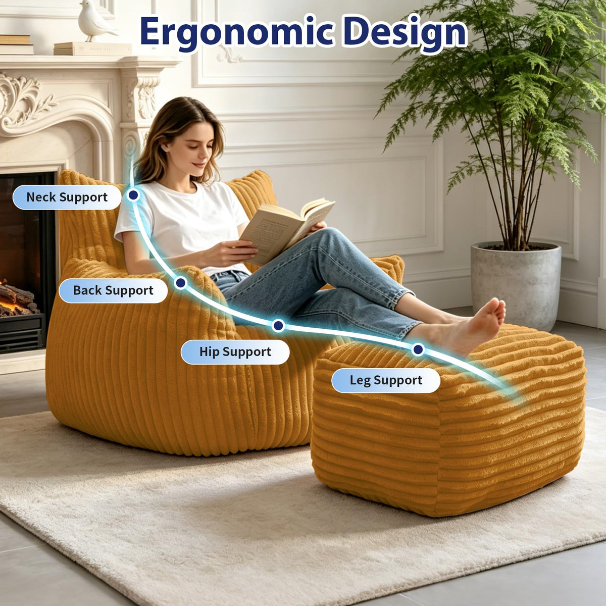 Large Yellow Bean Bag Chair with Footrest E83395