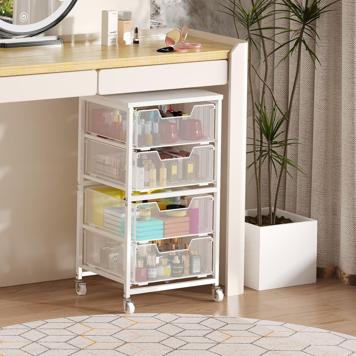 White 4 Drawer Rolling Storage Cart with Wooden Top A359