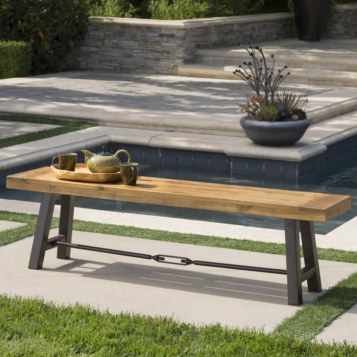 Acacia Wood Outdoor Bench with Metal Accents G486