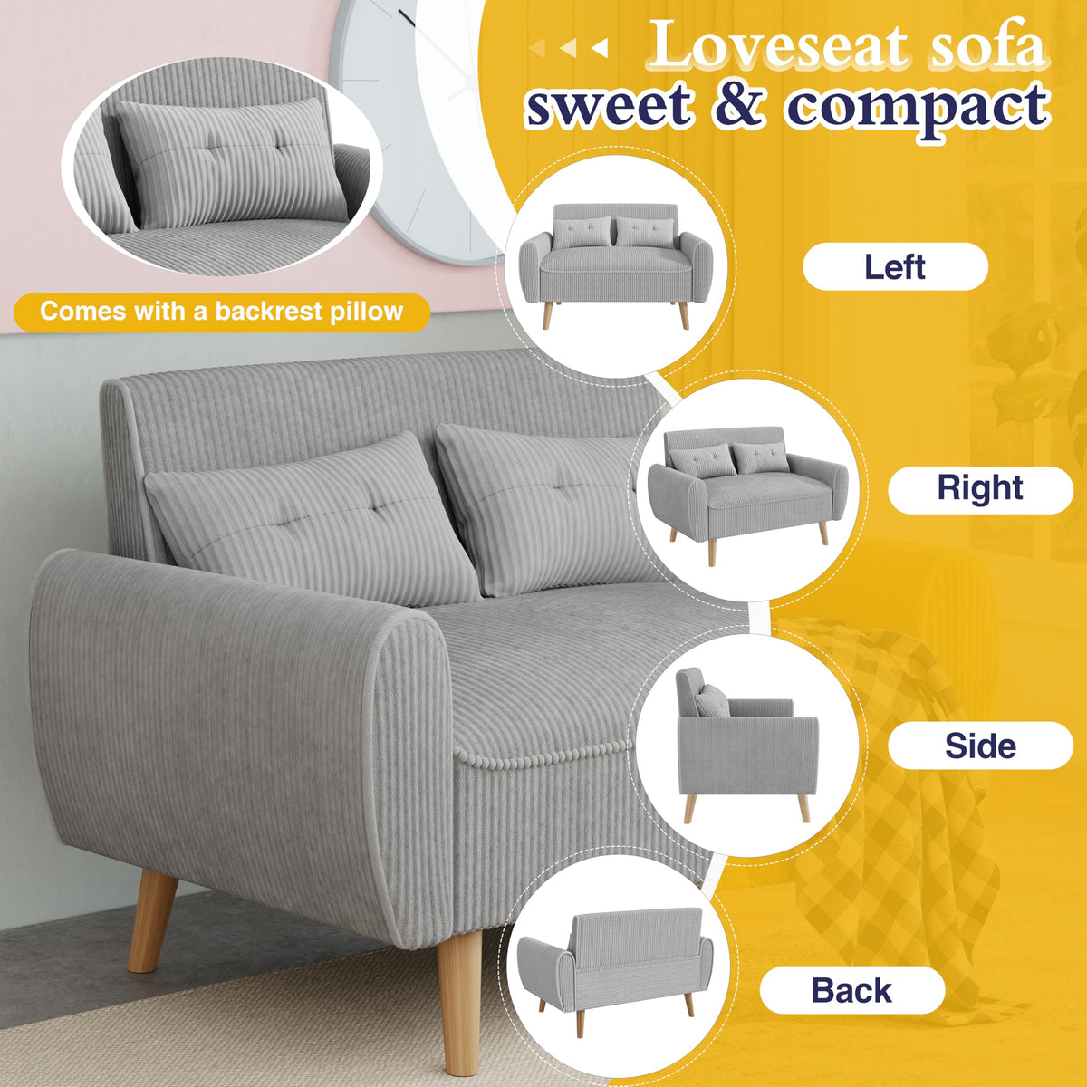 Light Grey 2 Seat Loveseat Sofa with Tapered Legs F91718