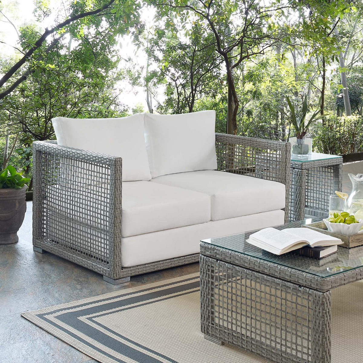 Gray White Wicker Rattan Loveseat with Cushions B953935