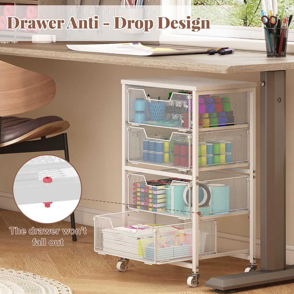 White 4 Drawer Rolling Storage Cart with Wooden Top A359
