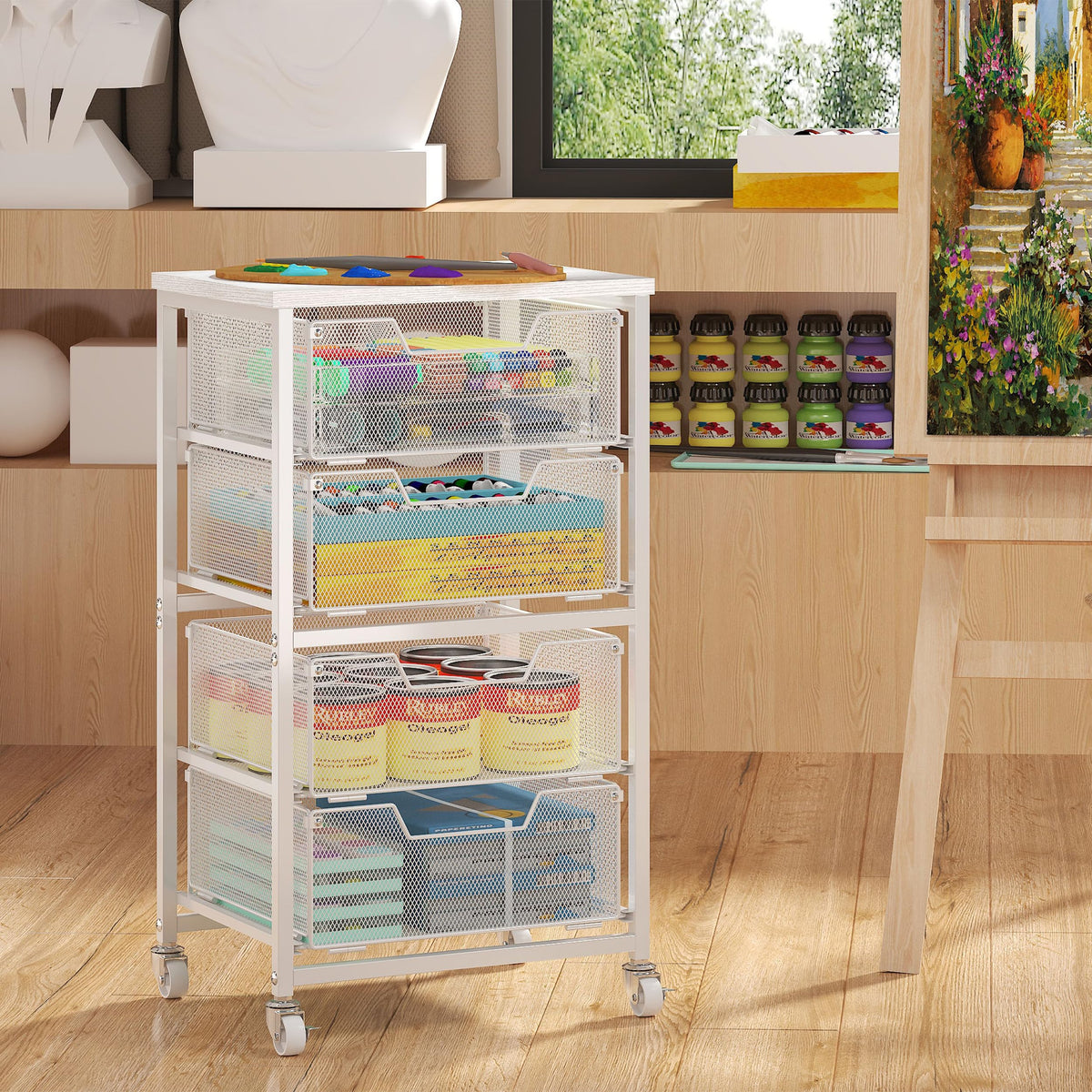 White 4 Drawer Rolling Storage Cart with Wooden Top A359